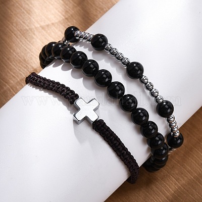 Регулируемые браслеты из плетеных бусин из натурального обсидиана и гематита BJEW-U035-01A-1