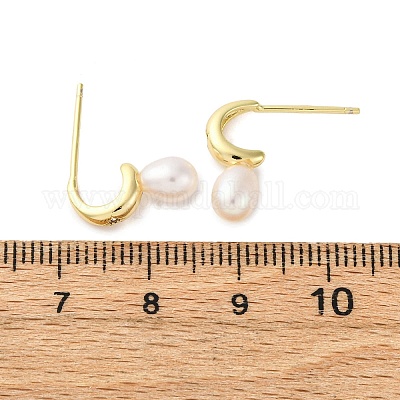 Серьги-гвоздики из натурального жемчуга в форме капли из латуни EJEW-Q043-02G-1