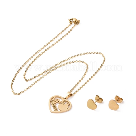 Комплект из серег-гвоздиков и ожерелья с подвеской в виде сердца из нержавеющей стали 304 с надписью «люблю тебя AJEW-B019-07-1
