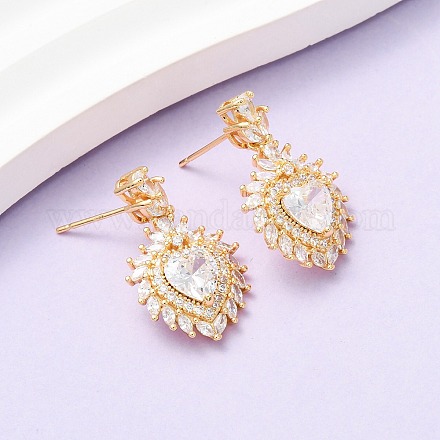 Серьги-гвоздики в форме сердца из латуни с микропаве из прозрачных кубических цирконий EJEW-D346-08G-1