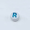 Opaque Acrylic Beads, Flat Round, White, Letter R, 7x4mm