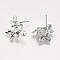 Rack Plating Brass Stud Earring Findings, with Loop, Flower, Silver Color Plated, 15x14x3mm, Hole: 2mm, pin: 0.5mm