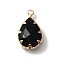 Faceted Glass Pendants, with Light Gold Brass Findings, Teardop, Black, 18.5x11x5mm, Hole: 2mm