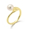 Brass Leaf Open Cuff Rings, with Natural Pearl, Real 14K Gold Plated, US Size 6 1/2(16.9mm)