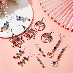 6 пара 6-х стилевых серег с подвесками в виде дерева жизни из натуральных смешанных драгоценных камней EJEW-AN0003-18