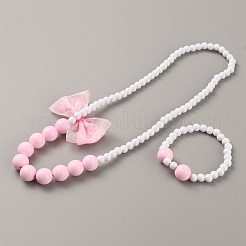 Колье с подвеской из пластикового банта и эластичный круглый браслет из бисера SJEW-TAC0002-02