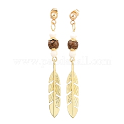 Серьги-подвески из натурального дерева венге с перьями&nbsp;EJEW-JE06620