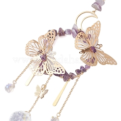 Украшение в виде кольца с железной бабочкой и натуральным аметистом HJEW-TA00244