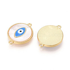 Латунные подвески-шармы с натуральными плоскими круглыми соединителями из ракушек KK-N258-10G