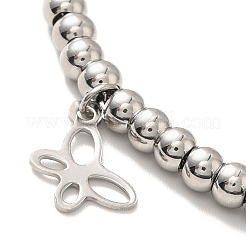 Устойчивый к потускнению браслет с подвесками в виде бабочки из нержавеющей стали 304 с круглыми бусинами из нержавеющей стали 201 для женщин BJEW-B057-25P