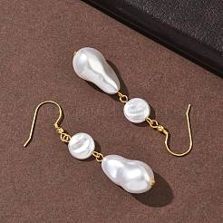 Серьги-подвески из искусственного жемчуга с гальваническим покрытием из нержавеющей стали 304 EJEW-Z129-08G