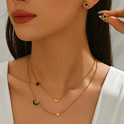 Комплекты из серег-гвоздиков и двухслойного ожерелья из нержавеющей стали с кубическим цирконием в форме звезды и луны MH5763