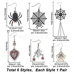6 пара 6 стилей Хэллоуин паутина и сердце с сглазом сплав эмалированные серьги подвески для женщин EJEW-SC0001-37
