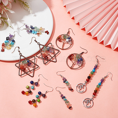 6 пара 6-х стилевых серег с подвесками в виде дерева жизни из натуральных смешанных драгоценных камней EJEW-AN0003-18-1