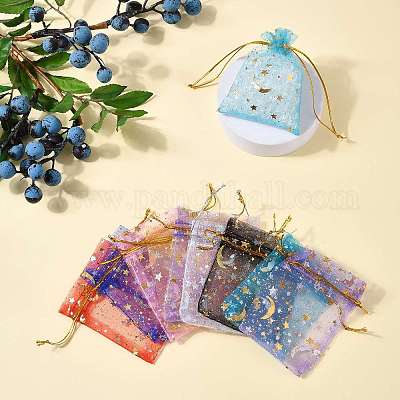 50 шт. 10-цветные подарочные мешочки для хранения из органзы с завязками и золотым тиснением в виде луны и звезд ABAG-FS0001-11-1