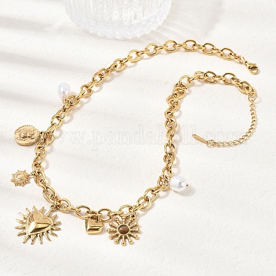 Женские ожерелья с подвеской в виде сердца и солнца из нержавеющей стали 304 и смолы NJEW-A063-01G-1