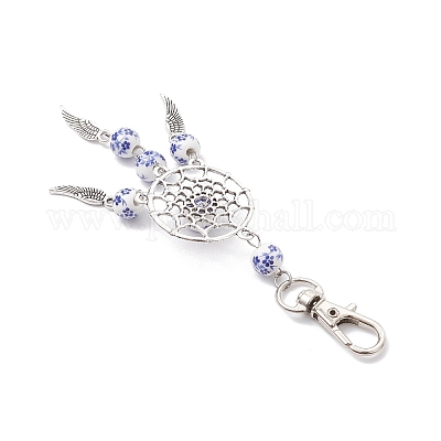 Фарфор с цветочным принтом и плетеная сетка из сплава с подвесными украшениями в виде перьев HJEW-JM04142-01-1