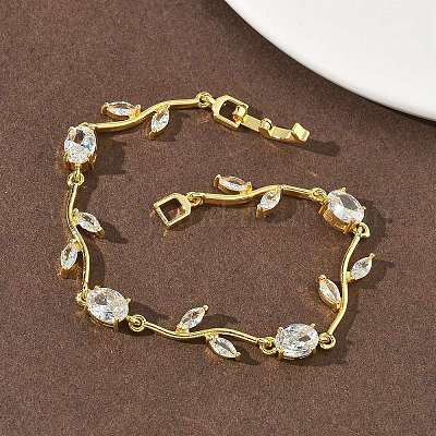 Браслеты-цепочки из латуни с микропаве из кубических цирконий овальной и листовой формы для женщин BJEW-G764-05G-02-1
