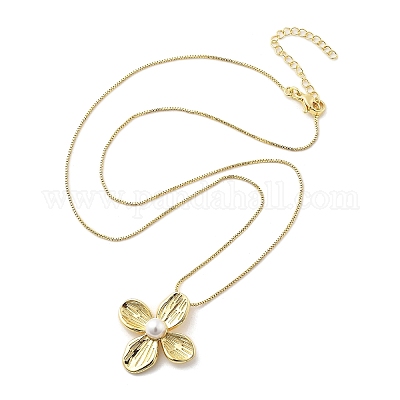 Ожерелья с подвеской из цветочной латуни и жемчугом для женщин NJEW-S385-06A-G-1