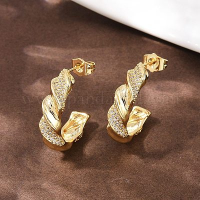 Серьги-гвоздики с микропаве из прозрачных кубических цирконий в форме спирали из латуни EJEW-L275-16G-01-1