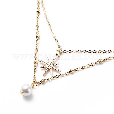 Двухслойное ожерелье из латунных кабельных цепей и спутниковых цепей из нержавеющей стали 304 NJEW-JN04025-1