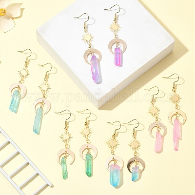 Серьги с подвесками из окрашенного натурального кварца и кристаллов пули EJEW-JE05310-1