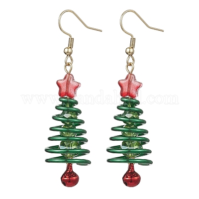 Серьги-подвески из латуни и стекла в форме рождественской елки с колокольчиком EJEW-JE06641-1