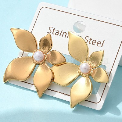 Серьги-гвоздики в форме цветка из нержавеющей стали 304 и АБС-пластика с имитацией жемчуга EJEW-S253-23G-1