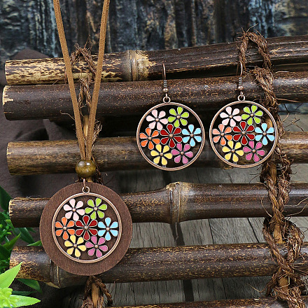 Комплекты из ожерелий и висячих серег из богемского сплава с эмалью и деревом WG0DDDA-07-1