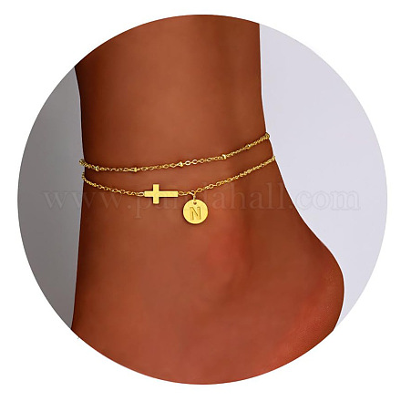 Браслеты на ногу из латуни с боковыми поперечными связями и плоскими круглыми начальными подвесками FS-WG12DAA-12-1