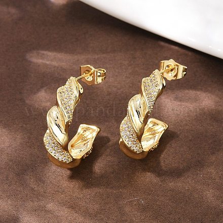 Серьги-гвоздики с микропаве из прозрачных кубических цирконий в форме спирали из латуни EJEW-L275-16G-01-1