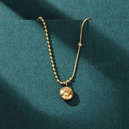 Женские ожерелья из круглой плоской цепочки с подвеской в виде слова «счастливый» из нержавеющей стали 304 NJEW-K255-45G-1