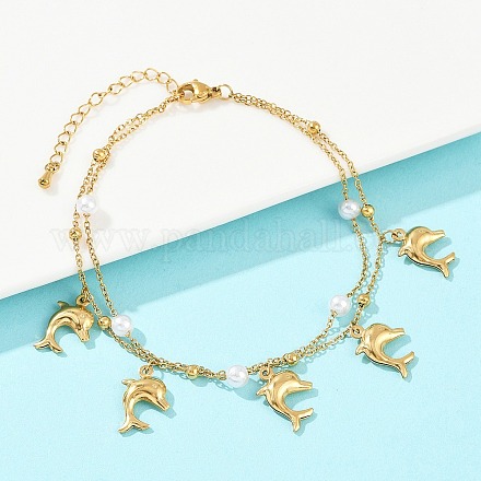 Браслеты на ногу из нержавеющей стали 304 с акриловыми бусинами в виде дельфинов для женщин AJEW-G069-01G-1