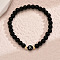 Alloy Resin Round Beaded Stretch Bracelets, Flat Round with Letter, Black, Golden, Letter A, 7-1/8 inch(18cm)