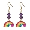 Rainbow Alloy Enamel & Natural Amethyst Dangle Earrings for Women, Colorful, Golden, 46x20.5mm
