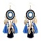Alloy Oval Chandelier Earrings, with Glass Beads and Tassel, Golden, Royal Blue, 102x32mm
