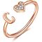 Adjustable Brass Rhinestone Cuff Rings, Letter & Heart, Rose Gold, Letter C, Inner Diameter: 15~20mm