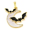 Halloween Theme Brass Enamel Pendants, Cadmium Free & Lead Free, with Pave Shell, Long-Lasting Plated, Real 18K Gold Plated, Moon with Bat, 26x25x2mm, Hole: 3.5x6mm