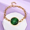 304 Stainless Steel Flat Round Link Bracelets, Cable Chain Bracelets for Women, with Cat Eye, Ion Plating(IP), Gold, Green, 7-5/8 inch(19.5cm)