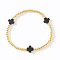 Brass Round Beaded Stretch Bracelets, Cross Resin Jewelry for Women, Black, Inner Diameter: 6-7/8 inch(17.5cm)