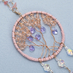 Натуральная крошка из розового кварца плоская круглая с подвесками в виде дерева жизни TREE-PW0003-16