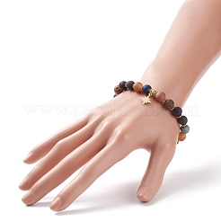 Эластичный браслет из круглых бусин из натурального агата с латунной подвеской в виде звезды&nbsp;BJEW-JB08647