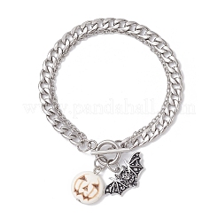 Комплект браслетов из нержавеющей стали 304 с подвесками в виде летучей мыши из сплава эмали и тыквы из окрашенной синтетической бирюзы на Хэллоуин&nbsp;BJEW-JB12446-02