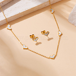 Комплекты из ожерелий и серег-гвоздиков из нержавеющей стали и натуральных ракушек в форме сердца&nbsp;FS-WGB84F7-02