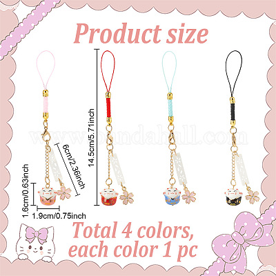 4 шт. 4 цвета в японском стиле фарфоровый сплав с изображением счастливого кота и сакуры ремешки для мобильных телефонов с эмалью HJEW-GO0001-09-1