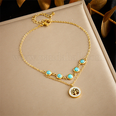 Двухслойные браслеты на ногу из нержавеющей стали 304 с подвесками из синтетической бирюзы и хрустальных страз для женщин FS-WGA3011-17-1