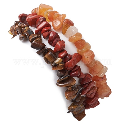 3 шт. 3 стиля натуральный красный авантюрин и красная яшма и тигровый глаз чипсы эластичные браслеты наборы BJEW-JB11076-07-1