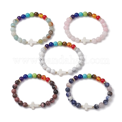 Браслеты с круглыми бусинами и смешанными драгоценными камнями в стиле charka для женщин и мужчин BJEW-JB11365-1