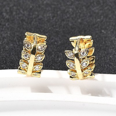 Серьги-кольца в форме листа с микропаве из прозрачных кубических цирконий из латуни EJEW-P322-15G-1