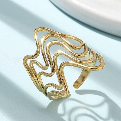 Ионное покрытие (ip) 304 нержавеющая сталь волнообразное открытое кольцо-манжета для женщин RJEW-M025-01G-1